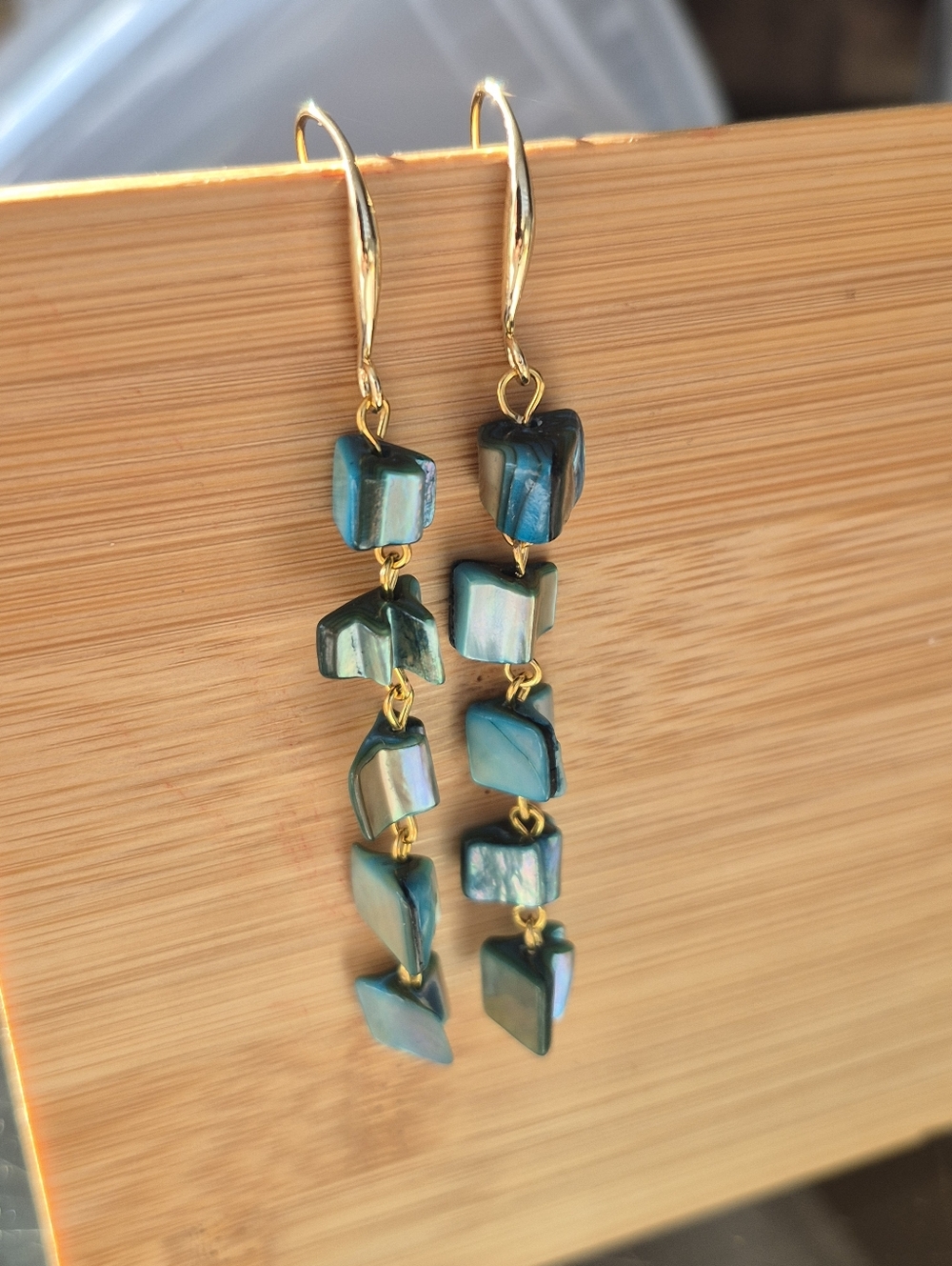18k Gold Plated Turquoise Abalone Mother Of Pearl Drop Earrings - Picture 11 of 11